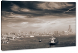 port, brzeg, statki, jachty, skyline, nowy jork, miasto, city, metropolia, dym, mga, rzeka