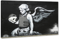 banksy, hamlet, graffiti, anio, dziewczynka, skrzyda, czaszka, mural, art, artystycznie, b&w
