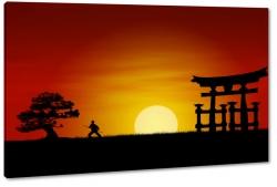 zachd soca, brama torii, drzewo, wojownik, sztuki walki, czerwone niebo, azja, japonia, chiny
