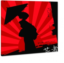 kobieta, gejsza, japonia, grafika, plakat, czerwony, czarny, parasolka, 