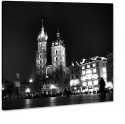 rynek, krakw, stare miasto, polska, koci mariacki, b&w