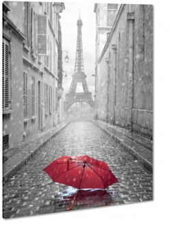 parasol, czerwony, wiea eiffla, pary, deszcz, wska uliczka, nastrj, smutek, samotno