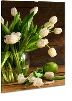 biae tulipany, bukiet, wazon, zielone jabko, bukiet, sztuka, fotografia, brzowe to, pikno