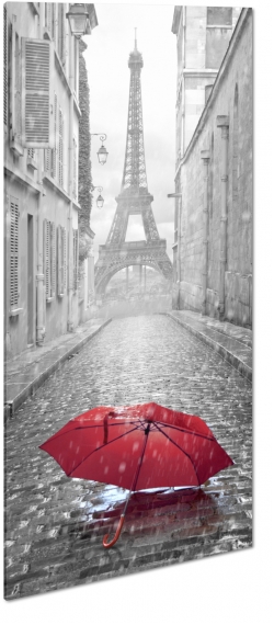 parasol, czerwony, wiea eiffla, pary, deszcz, wska uliczka, nastrj, smutek, samotno, b&w