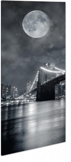 most brookliski, blask wiate, ksiyc, panorama, rzeka, east river, manhattan, nowy jork, miasto, city, metropolia, noc, b&w