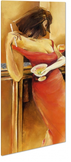 kobieta, malarstwo, sztuka, art, czerwona sukienka, drink, alkohol, dekolt, piersi