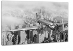 samolot, lotnictwo, skrzyda, pilot, nowy jork, miasto, city, metropolia, szary, b&w, mga, dym