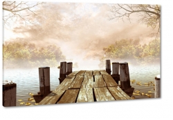 most, drewniany, deski, rzeka, jezioro, mga, poranek, las, drzewa, brzeg
