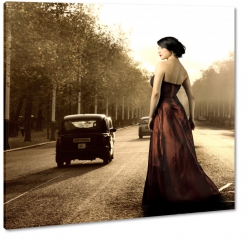retro, kobieta, lata 60, styl, ulica, auta, stare samochody
