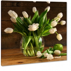 tulipany w wazonie, bukiet, drewno, deski, brzowy