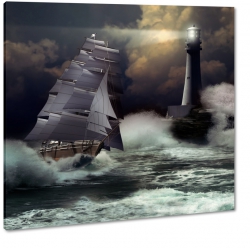 latarnia, statek na morzu, sztorm, burza, fale