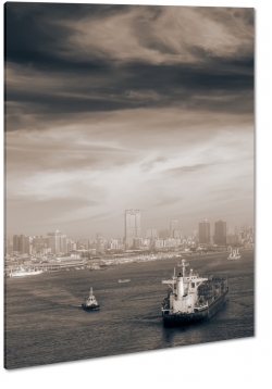 port, brzeg, statki, jachty, skyline, nowy jork, miasto, city, metropolia, dym, mga, rzeka, b&w, czarne chmury
