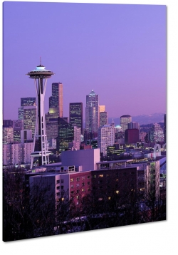 seattle, space needle, columbia center, usa, waszyngton, panorama, city, metropolia, fioletowy, wiea, szczyt