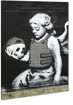 banksy, hamlet, graffiti, anio, dziewczynka, skrzyda, czaszka, mural, art, artystycznie, b&w