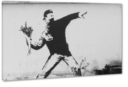 banksy, street art, graffiti, malarstwo, sztuka, art, mczyzna, symbolika, kwiaty, chusta, b&w