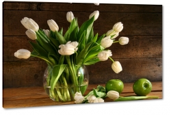 biae tulipany, bukiet, wazon, zielone jabko, bukiet, sztuka, fotografia, brzowe to, pikno