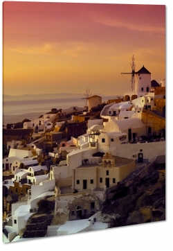 grecja, oia santorini, wyspa, biae domy, krajobraz, schody, wiatrak, morze, wakacje, na wzgrzu, czerwone niebo