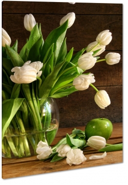 biae tulipany, bukiet, wazon, zielone jabko, bukiet, sztuka, fotografia, brzowe to, pikno, zapach