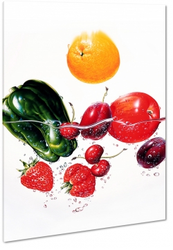 owoce, warzywa, papryka, truskawki, jabko, pomaracz, w wodzie, woda, abstrakcja, kolorowo, zdrowie, do kuchni