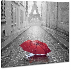 parasol, czerwony, wiea eiffla, pary, deszcz, wska uliczka, nastrj, smutek, samotno, b&w