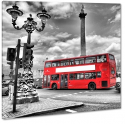 autobus, czerwony, pitrowy, kolumna nelsona, londyn, anglia, podr, szare to, ulica, street, b&w