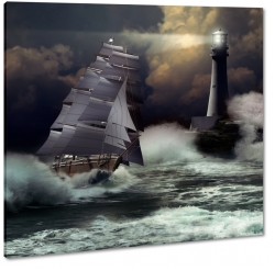 latarnia morska, sztorm, noc, burza, fale, statek, biay, agiel, sygnay, wiato