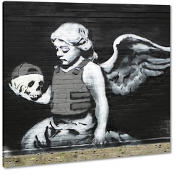 banksy, hamlet, graffiti, anio, dziewczynka, skrzyda, czaszka, mural, art, artystycznie, b&w