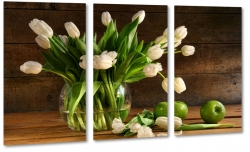 tulipany, biae, wazon, jabko, kompozycja, bukiet, ziele, natura, do kuchni