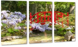 czerwony most, japonia, ogrd, zen, spokj, pejza, lato, wiosna, biae kwiaty, rzeka, rdo