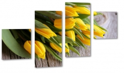 te tulipany, kwiaty, bukiet, patki, licie, lato, natura, pikno, deski, drewno