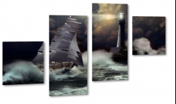 latarnia morska, sztorm, noc, burza, fale, statek, biay, agiel, sygnay, wiato