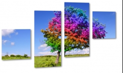 drzewo, tczowe, kolorowe, abstrakcja, wie, pole, ka, soce, cie, niebieskie niebo