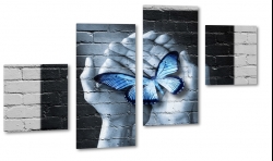 donie, motyl, mur, rce, symbol, szczcie, wolno, mural, obraz, graffiti, art, niebieski, b&w