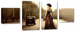 kobieta, modelka, czerwona suknia, ulica, street, sztuka, fotografia, samochody, ruch, retro