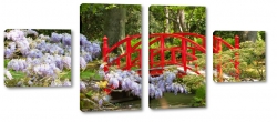 czerwony most, japonia, ogrd, zen, spokj, pejza, azjatycka architektura, kwiaty