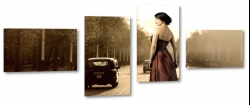 kobieta, modelka, czerwona suknia, ulica, street, sztuka, fotografia, samochody, ruch, retro