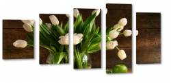 biae tulipany, kwiaty, bukiet, patki, licie, lato, natura, pikno, wazon, makro