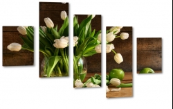 biae tulipany, kwiaty, bukiet, patki, licie, lato, natura, pikno, pole, ka