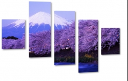 fuji, japonia, gra, kwiat wini, drzewa, fiolet, nieg, szczyt, krajobraz, widok, pejza
