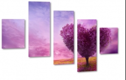drzewo, serce, art, artystyczne, wie, pole, fioletowe niebo, malarstwo