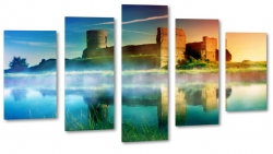 zamek, ruiny, nad wod, jezioro, historia, mga, trawa, niebieski, pomaraczowy, natura