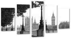 big ben, londyn, london, anglia, wielka brytania, zegar, latarnie, czarnobiae, nastrj, drzewa