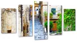 grecja, ciasne uliczki, mury, schody, architektura, wskie przejcie, roinno, zielie,