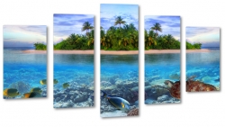 wyspa, tropiki, palmy, morze, ocean, rafa koralowa, plaa, piasek, wakacje, odpoczynek, krajobraz, widok, pejza