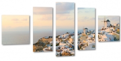 grecja, oia santorini, wyspa, biae domy, krajobraz, wiatrak, morze, wakacje, na wzgrzu