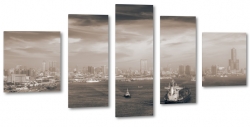 port, brzeg, statki, jachty, skyline, nowy jork, miasto, city, metropolia, dym, mga, rzeka, b&w, chmury