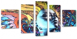 kobieta, kolory, twarz, grafitti, murial, mur, ciana, murial