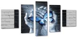 mur, motyl, niebieski, donie, murial, cega, graffiti, turkusowy